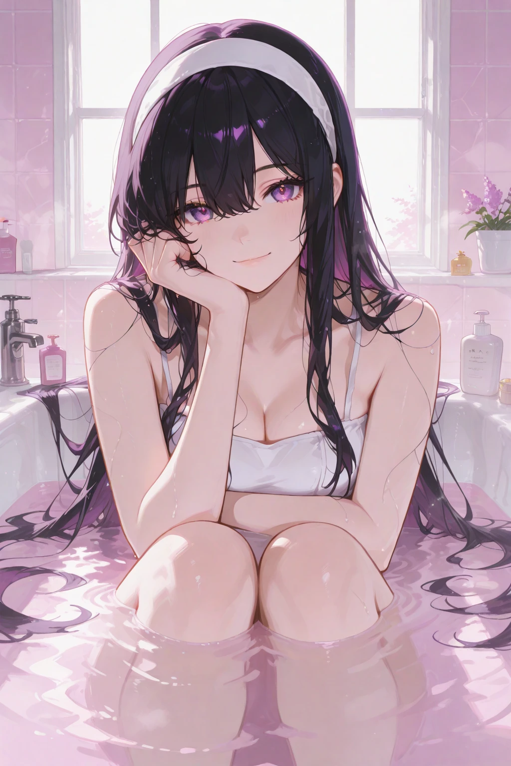 Beautiful Chitanda，There is only one beautiful girl，Purple Eyes, Black Hair, Hair up, Straight bangs，Extremely refined，open your lips，Face is so red，Very white skin，Glowing skin，big eyes，Flowing long hair，beautiful girl, Like a dream，Slim，Soft, (Sensual), (Kawaii), Dream quality，On the balcony，Just finished taking a shower，Wipe your body with a bath towel，Naked，Wet，Beautiful big breasts，No pants，Delicate clavicle，Delicate hands and feet，Bare neck，Bare thighs，Exposing the groin，Camel toe，Bare legs，barefoot，extremely shy，Ultra-high resolution, (masterpiece:1.2, best quality), (Delicate and beautiful eyes: 1.2), (Beautiful and delicate face)