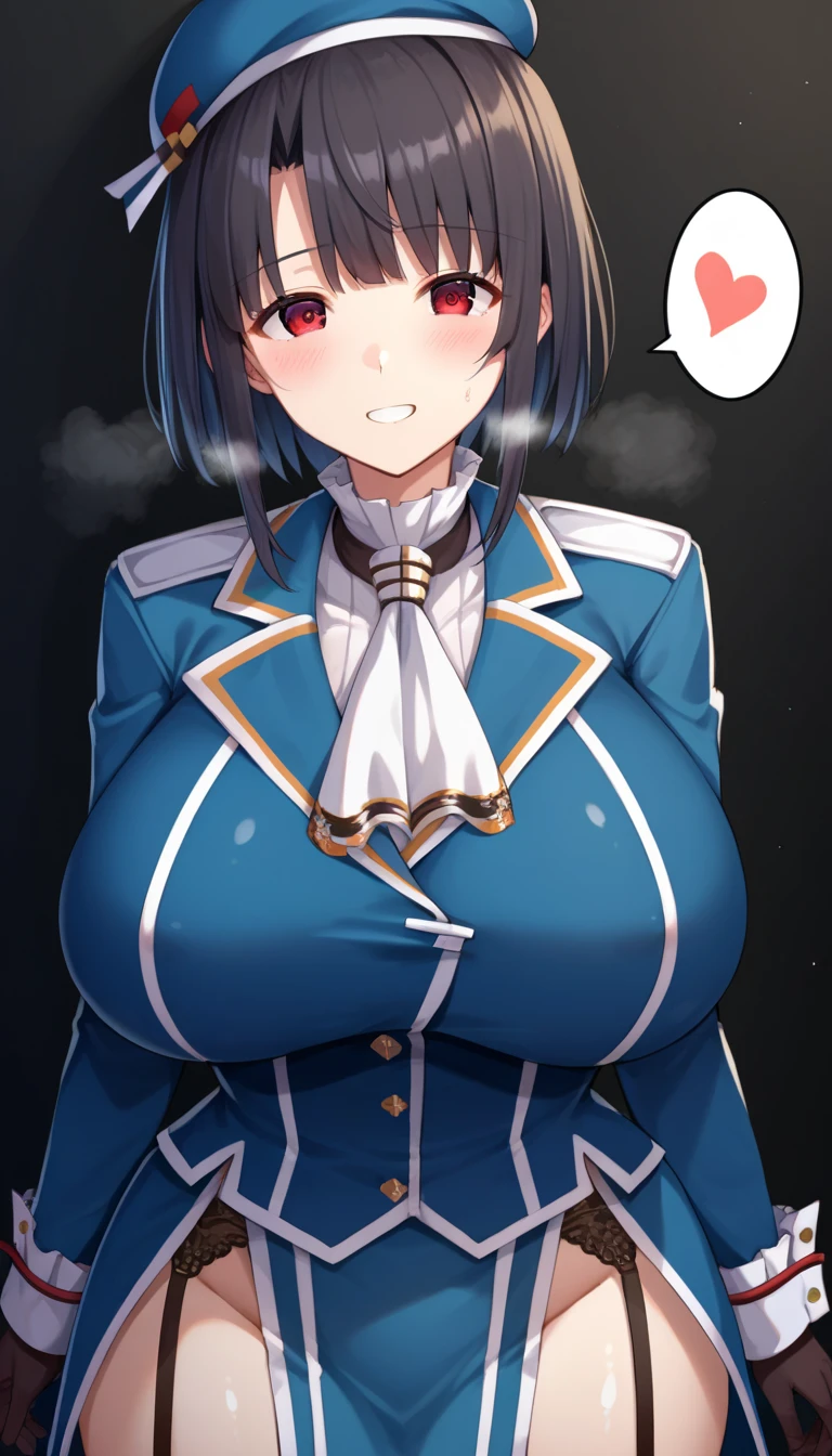 masterpiece, Boku no Hero Academia, Highres, Solo, Yaoyorozu Momo, lustful face, , big breasts, wide hips, tail, , suit and tie, white dress shirt, floating breasts, facing the camera directly, standing facing the viewer, nipple bulge, covered nipples, huge tall shirt collar, formal shirt collar, tall collar, high collar, big red necktie, extremely formal skin-tight clothing, perky breasts, long pointy shirt collar