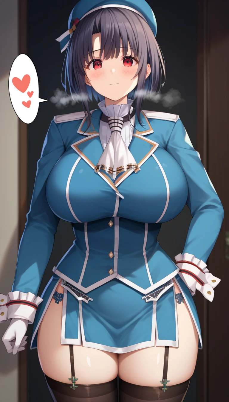 score_9, score_8_up, score_7_up, black background, 
BREAK
source_anime, rating_explicit, Expressiveh,
BREAK
1girl, takaoKC, short hair, hat, beret, large breasts, elect nipple, huge breasts, smile,  spoken heart, 
gloves, long sleeves, hat, jacket, uniform, ascot, military uniform, beret, blue jacket, blue headwear,blue skirt, garter straps, black thighhighs,
tall, leggy, shiny skin, heavy breathing, wide hips, tight waist, thick thighs,
pussy juice, pussy,
hetero, cowgirl position, man of top, penis in pussy, 
vulgarity, motion lines,
leaning forward, bent over, POV, holding hands, interlocked fingers, ceiling, looking down from below, looking at viewer, 
BREAK
white_skin_boy, short_stature_boy,  clothed male , black pubic hair,