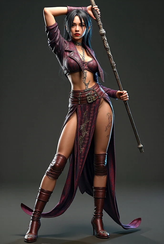 Super realistic, High Detail Face, Clean and delicate face, wide shot, 1 lady, whole body, Asymmetric, Leg up posture, Holding Long stick with both hands Anatomically correctly, Purple ponytail, parted bangs, Tattoo on arm, wearing a Black and gold mini Kung Fu costume, sleeveless, Thighs, Leather bandages wrapped around the shins, Black Sandals, glaring at the viewer, simple color background