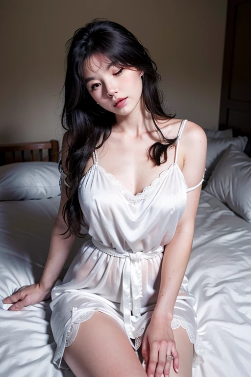 dark brown hair、light brown eyes、Japanese actress face、 lady、I&#39;I like him and I&#39;I&#39;I am about 40 years old.、(intricate details:1.2)、(which one is the top?:1.4)、 (ultra high resolution:1.2)、ultra high resolution、(finely tuned)、(detailed facial features)、nffsw、8K resolution、D cup size breasts、long hair、bedroom、sleeping in bed、Sick and sleeping、A painful look、luxurious space、relax、、,full body photo、beautiful feet、Shirt collar　pajamas、beautiful feet、she, extreme details, very detailed, realistic, hourglass body, obscene pose,、、I cry a lot、tears、(auraroid photo:1.2)、A masterpiece of transparent painting、8K、32k、highest quality、(Details of both eyes)、