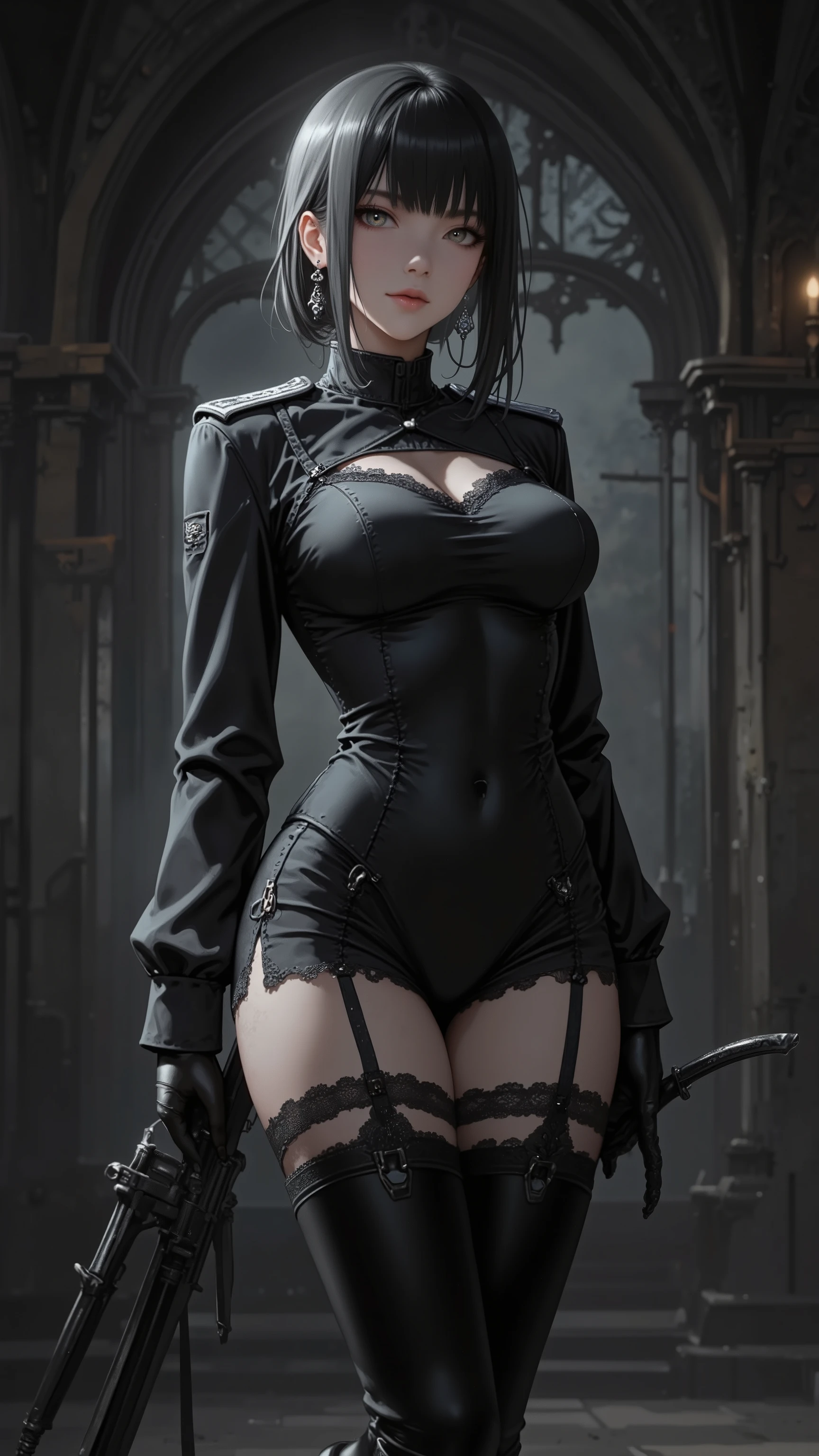 womanhood, leotard military uniform, Cleavage, Epaulettes, design, lace knee-high stockings, leather boots,