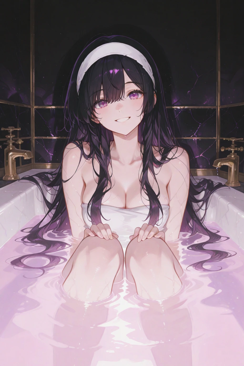 masterpiece, best quality, ultra-detailed, sexy, ero, anime style, full body, look down from above, focus on the face, bath, night, Emilia, Re:ZERO, bikini00, beautiful eyes, long hair, large breast, necklace, ashamed, sparkling effect, wetted by water
