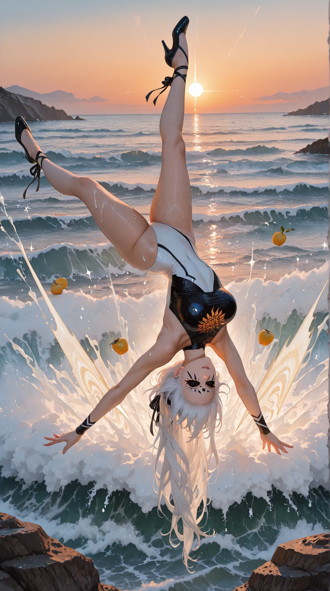 (One girl:1.1),Stars in my eyes,(Pure girl:1.1),(whole body:0.6),A lot of shiny petals are scattered,Deepening the contours,white_background,Movie angle,Gold Dust,backgroundは湖、Pose to jump into the lake、
