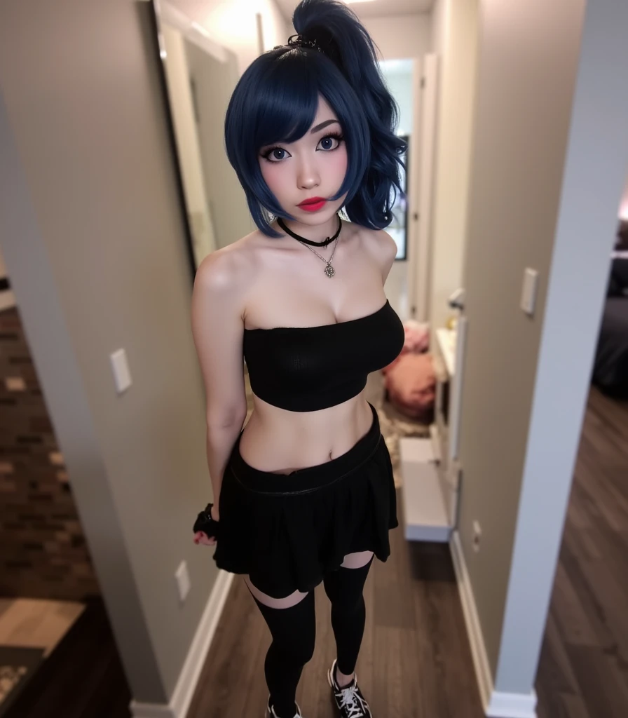 Masterpiece, best quality. (hyper-realistic:1.4) , (full body:1.5),

Rem from rezero, (remrin), cute, lustrous skin, enchanting gaze, blue hair, short hair, (hair over one eye:1.3), blue eyes, NSFW, (NAKED BREASTS:1.5), roswaal mansion maid uniform, black skirt, garter belt, intricate lace, apron, white thighhighs, looking at viewer, strongly ashamed, embarrased, blushing, epic, cinematic, dramatic, reflective, shining, purple glow, big breasts, cleavage, sexy, modeling pose, turned, ((undressing
panty pull:1.5))

smooth perfect skin, smooth_skin

Beautiful、big breasts, 

FULL BODY SHOT, ultra wide angle, textured skin, face detail, clean skin, perfect hands, perfect anatomy, anatomically correct,

(Realistic bedroom background:1.2)