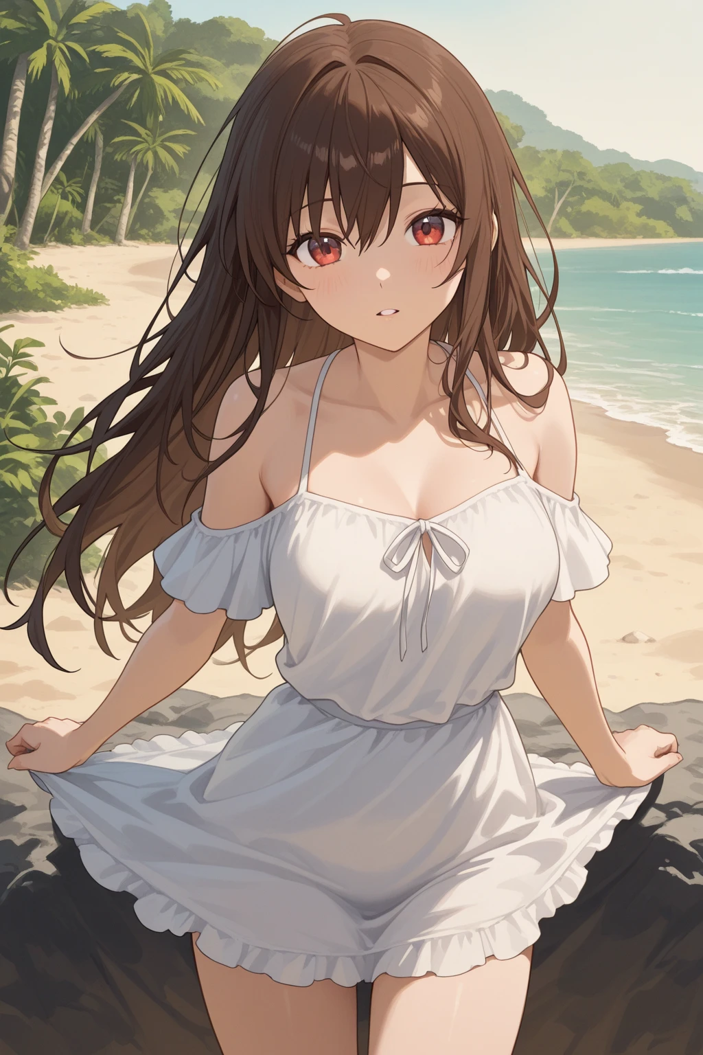 masterpiece, best quality, highres, bbmurasa, long hair, two side up, hair flaps, hairclip, heterochromia, red eyes, brown eyes, enormous breasts, gigantic breasts, cleavage, sailor bikini, black bikini, bikini skirt, white skirt, standing blush smile, sun shine, beach background, on mat, wet skin, sweat, 