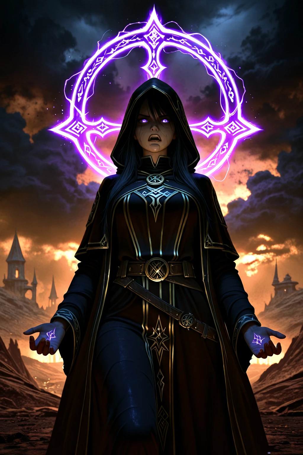 arcane style:0.8, woman casting phosphorescent luminescent irridescent molten (((purple))) magic, solar eclipse, apocalyptic, starfall, night, outdoors, symetrical spiral horns:1.3, intense, glowing eyes, shadow mage, bob cut, colorful robe, cloak, hood down, gauntlets, volumetric lighting, best quality, masterpiece, photorealistic, army of the dead,  <lora:Style_Arcane_offset:0.6>, <lora:Style_LightandShadow-v1:0.5>