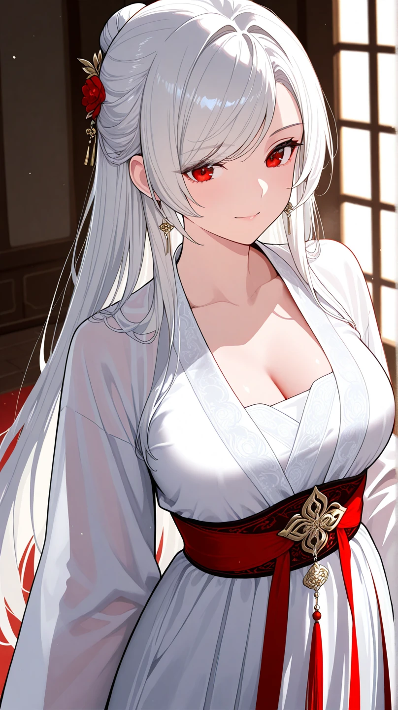 Empress, old women, women, 1 women, beautyfull, elegant, shine, cool, depicting Equal eyes, (A female god) Look at camera, depicting delicate facial features, red yunani romawi dress, red gloves, gothic style, ribbon, long white hair, extreme detail, delicate depiction, black eyes, royal, elegant, noble, royal dress golden, black eyes, black eyes, perfect eyes, jewerlly, white long hair, white long hair, with white dress yunani,big breasts, long earrings