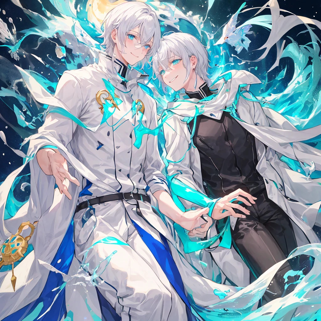 White hair-blue eyes boy, carrying a sleeping 16 year old woman with ears in his arms, white beast in the middle of the forest, evening
