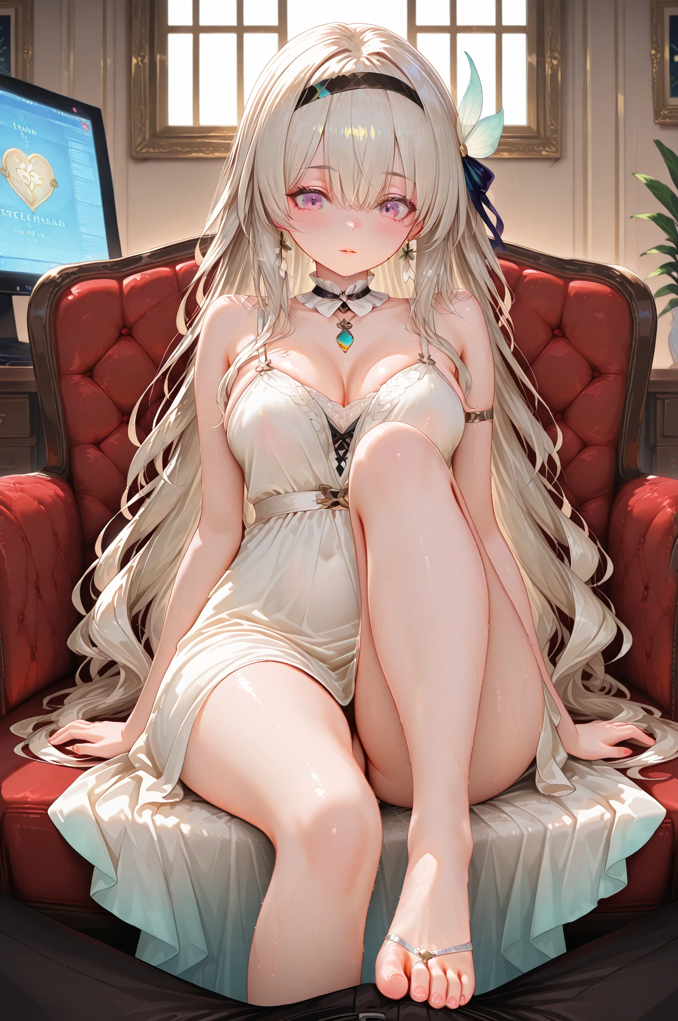 1girl,Irisviel von Einzbern,seductive smile, solo, long hair, looking at viewer, blush, bangs, (gigantic_breasts),(hanging breasts),(large areolae), (red eyes), dress, cleavage, bare shoulders, jewelry, sitting, very long hair, closed mouth, collarbone, white hair, thighs, earrings, sleeveless, indoors, necklace, white dress, bracelet,bare foot,toes, parted bangs, sleeveless dress,see-through, couch, bangle, lamp, picture frame, painting \(object\)