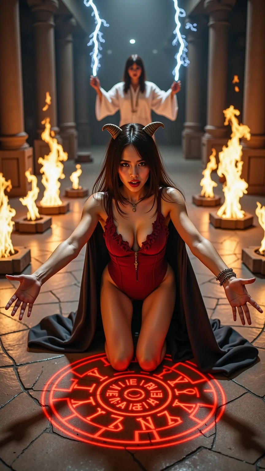 hdr, 8k, BREAK Young very pretty and sexy woman with demonic features, sporting horns and glowing red eyes, sits confidently on a throne made of molten lava in the depths of an apocalyptic hellscape. Her skin is a sickly green, covered in scales that gleam menacingly under the fiery red light. Smoke and ash swirl around her as she gazes into the abyss with an otherworldly