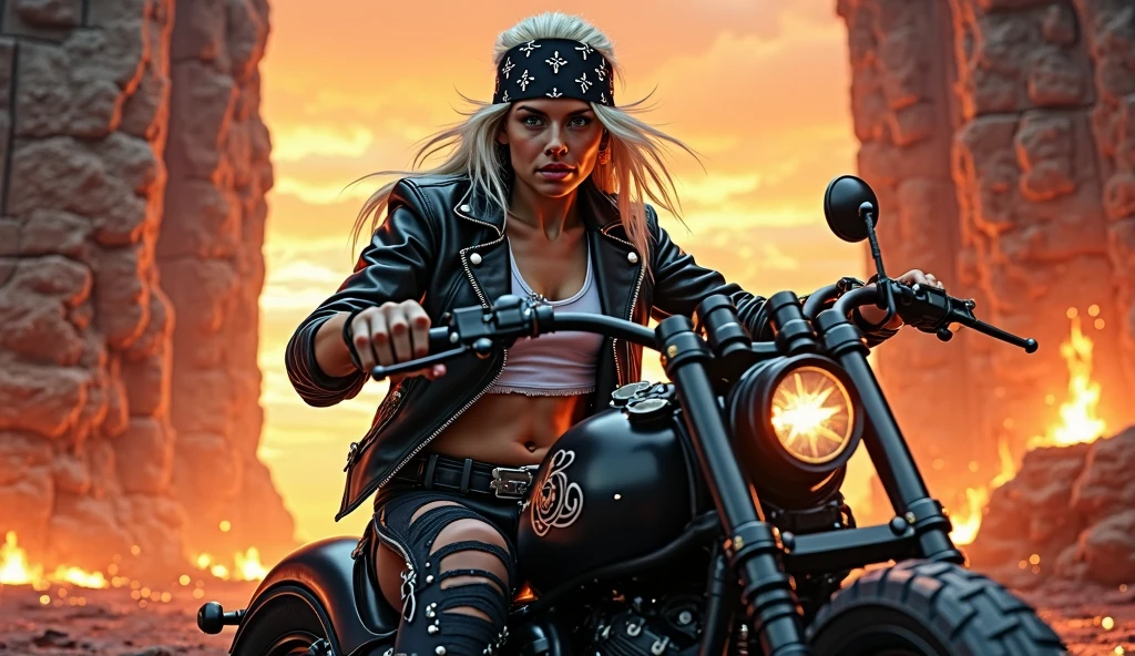 NSFW. An epic war scene, where a fearless woman with long blue hair riding a Harley Davidson-style motorcycle on a damaged road is the center of attention. Ela usa uma camisa regata branca rasgada quase mostrando os seios, manchada de sangue, and a pair of pants worn with a military color scheme. The expression on the woman's face reveals her courage, but also a hint of fear. She is loaded with ammunition belts and a pistol in her thigh, pronta para lutar. Ao fundo, The scenery is chaotic, with gunshots and bodies strewn across the ground. Menacing monsters complete the gloomy landscape. A vista frontal captura toda a grandiosidade desse momento, allowing the observer to appreciate the woman's determination and the frightening context of the war.