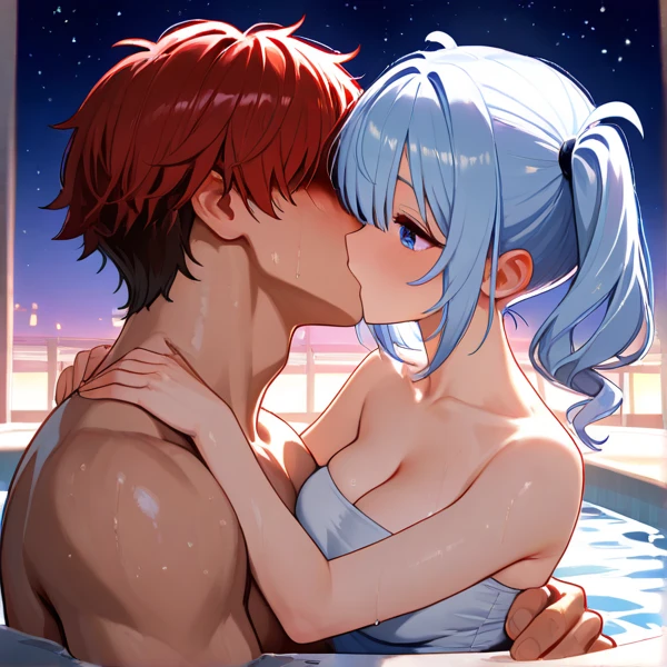 tied up naked Rei Ayanami from Neon Genesis Evangelion kissing shinji ikari, blue lagoon, night, moon