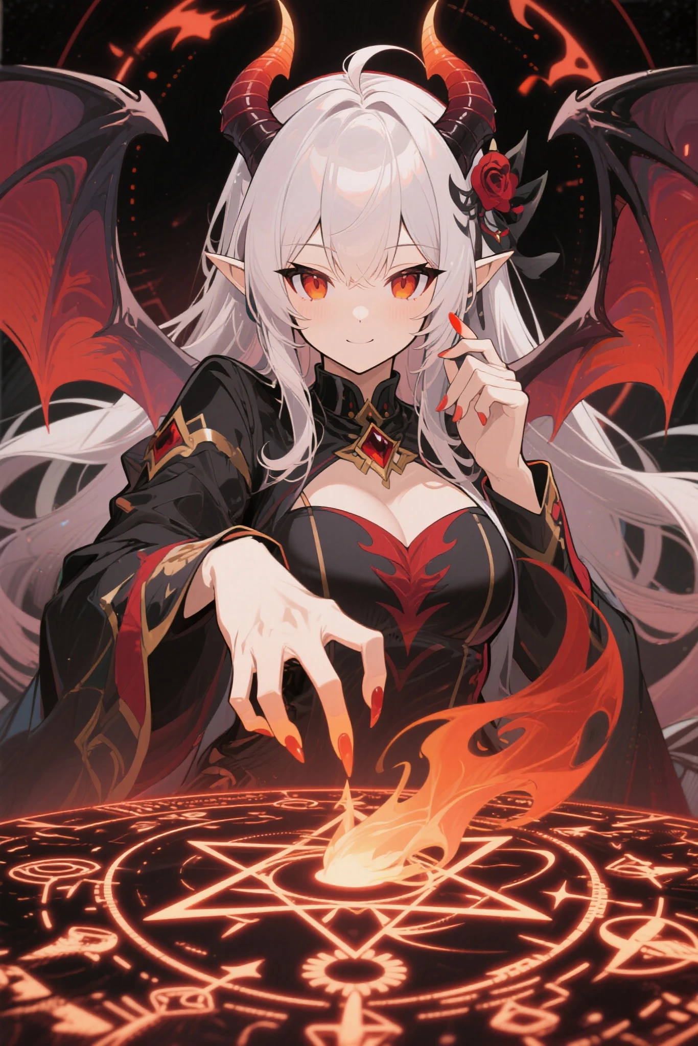 1girl, thirty years old, woman, little black horns, solo, in a medieval tavern, seductive, mature, deep red eyes, [Short hair], wavy hair, [White hair], androgyne, elf ears, delicate skin, lipstick, makeup, ghotic, mature female, dark dress with cape, black dress, mystic atmosphere, masterpiece, best quality, 8K, luth instrument