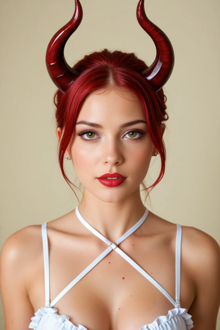 Beautiful 25 year old women with medium breasts in a black dress with red horns and an angery face and purple skin