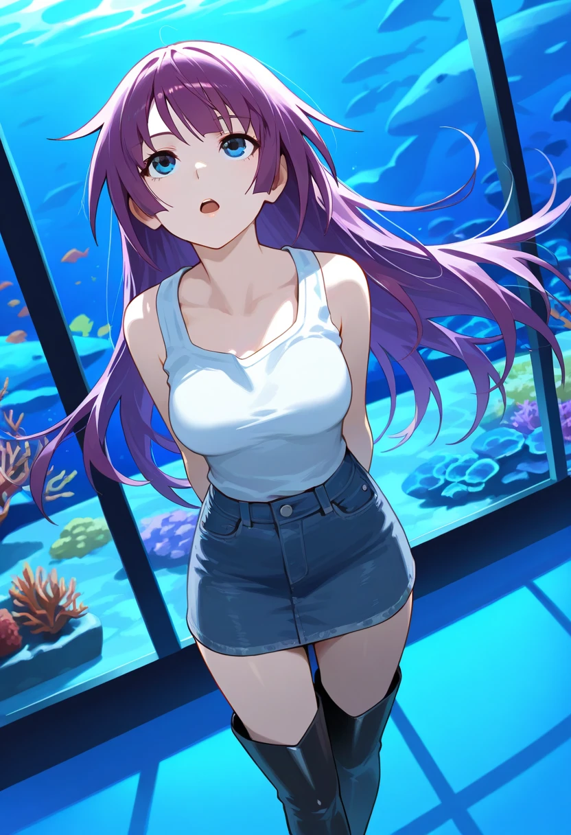 masterpiece, best quality, high quality, beautiful anime character, solo, anime girl with dark hair, (messy hair, long hair, choppy bangs, chopped bangs), purple eyes, medium breasts, mature female, tall female, big girl, thick, light smile, outdoors, almost full body, (school swimsuit), sitting, (whale tail, dark whale tail, whale girl),