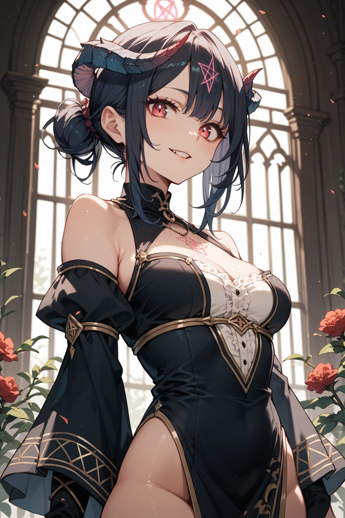 yor briar, anime style beutiful woman, 1girl, happy, sexy pause,(with sparkling eyes and a contagious smile:0.9),red face, closed mouth, beautiful detailed eyes, super detailed skin, backlighting, bare shoulders, black background, black dress, black gloves, black hair, breasts, dress, earrings, fingerless gloves, floating hair, floral print, flower, gloves, gold earrings, gold hairband, hair flower, hair ornament, hairband, holding, holding weapon, jewelry, large breasts, long hair, looking at viewer, off-shoulder dress, off shoulder,red eyes, short hair with long locks, sidelocks, solo, spikes, thighs, two-sided dress, two-sided fabric, weapon, fighting stance , face, close up, from above, highest quality, looking at viewer,high resolution.