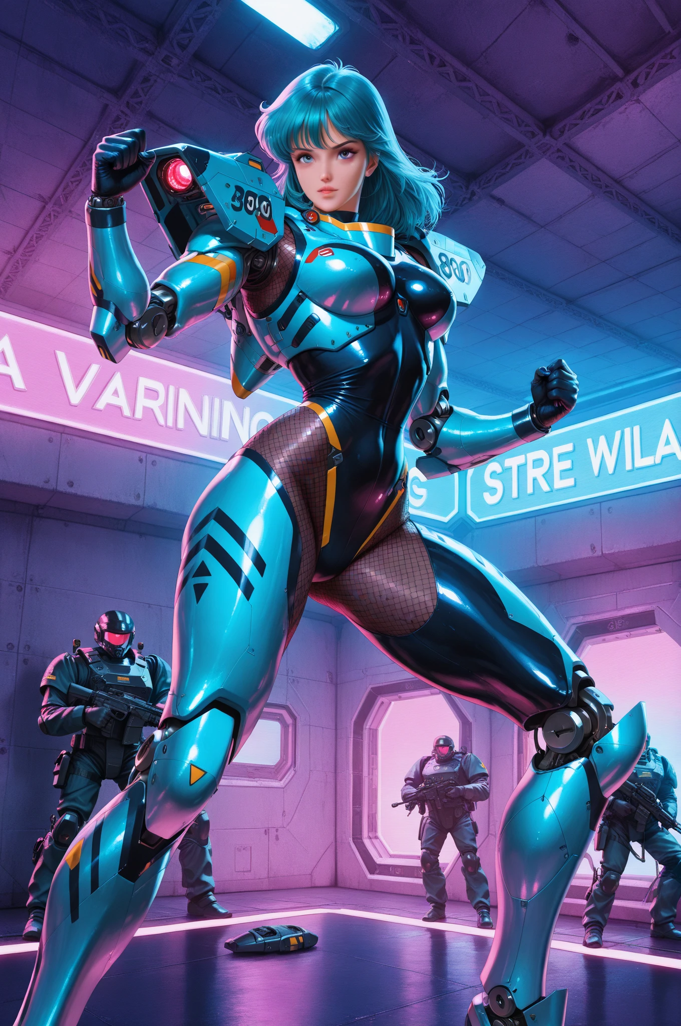8K image, Unreal Engine 5, Mega Man-X style. Mid-shot, full-body woman cosplaying Samus Aran+Mega Man-X. Black hair, blue eyes, looking at the viewer, weapons, set in a futuristic city with heavy rain, fully wet body, smiling, enemies in the background constantly firing beams.