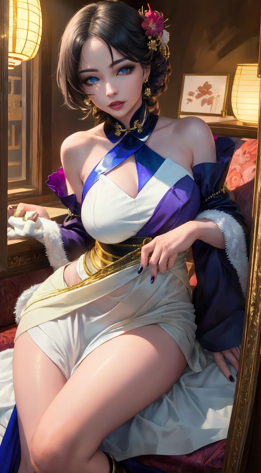 UHD, retina, masterpiece, accurate, anatomically correct, textured skin, super detail, high details, high quality, award winning, best quality, highres, 16k, Camera angle looking down from above。Sit back in a reclining chair、A beautiful woman with big breasts and fox ears stretches her legs and relaxes, gazing into the distance。Casual attire is allowed, with off-the-shoulder sleeves and skirts allowed.。hair ornaments、Earrings、necklace。