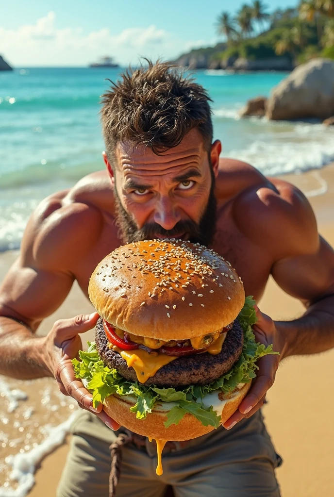 man with muscle, black hair staring, eating a big hamburger, on the beach, scantily clad 