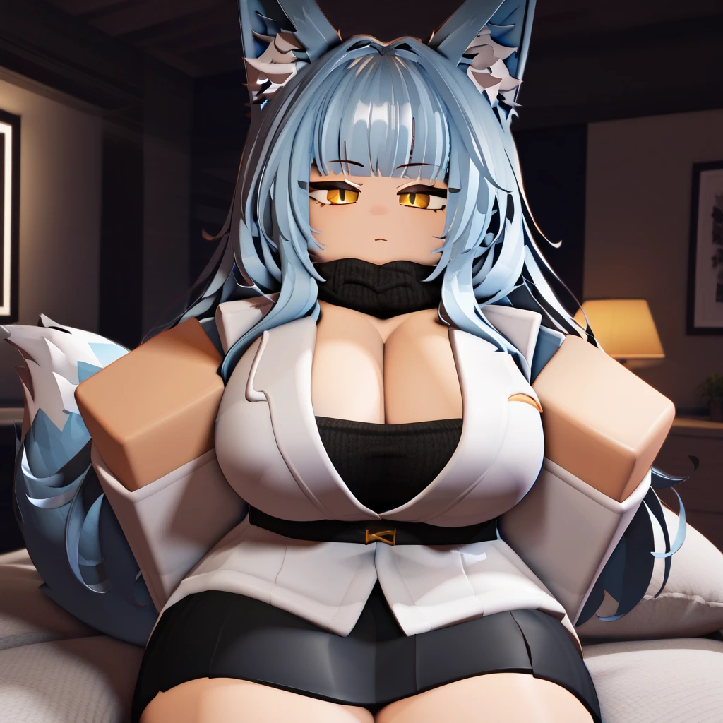 Blue-haired furry woman with purple eyes and big breasts