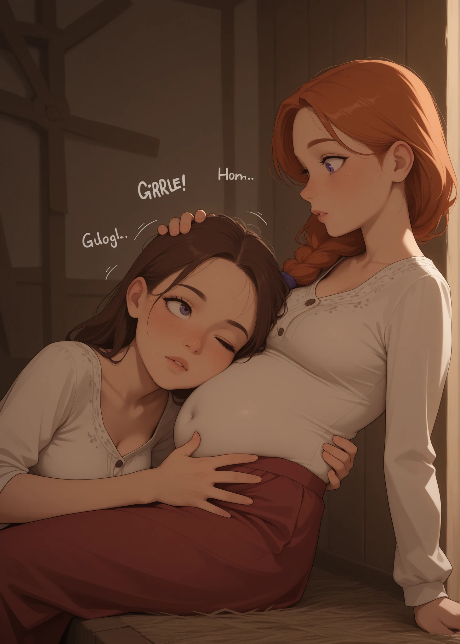 countryside meadow, windmill, Scandinavian woman, flowery Scandinavian blouse, skirt, hair extension,
fully dressed, covered navel, belly concealed by clothes,
visible forehead, freckles, moles, detailed eyes, detailed lips,
slim body, slim waist, slim belly, skinny, athletic, slight muscles, medium breasts, chubby, 

underlighting, dim, light, flat colors,
profile, sideview, from the side, 

2 adult females, different hair colors, different haircuts, different clothes, sitting, lying,  
one female resting her head on top of her sister's belly, a woman pressing her ear against her sister's belly, side of the head pressing against her sister's belly, listening to her sister's belly, leaning against belly, head next to belly, head resting on belly, ear pressed to belly, head pressed on navel, the one listening to the belly has both eyes visible, face turned outward toward viewer, facing viewer, pupils leering toward belly, curious expression, surprised expression, one eyebrow raised, one eye shut in focus,

digestion SFX, "gurgle" and "slosh" and "glorp" sound effects from her stomach,