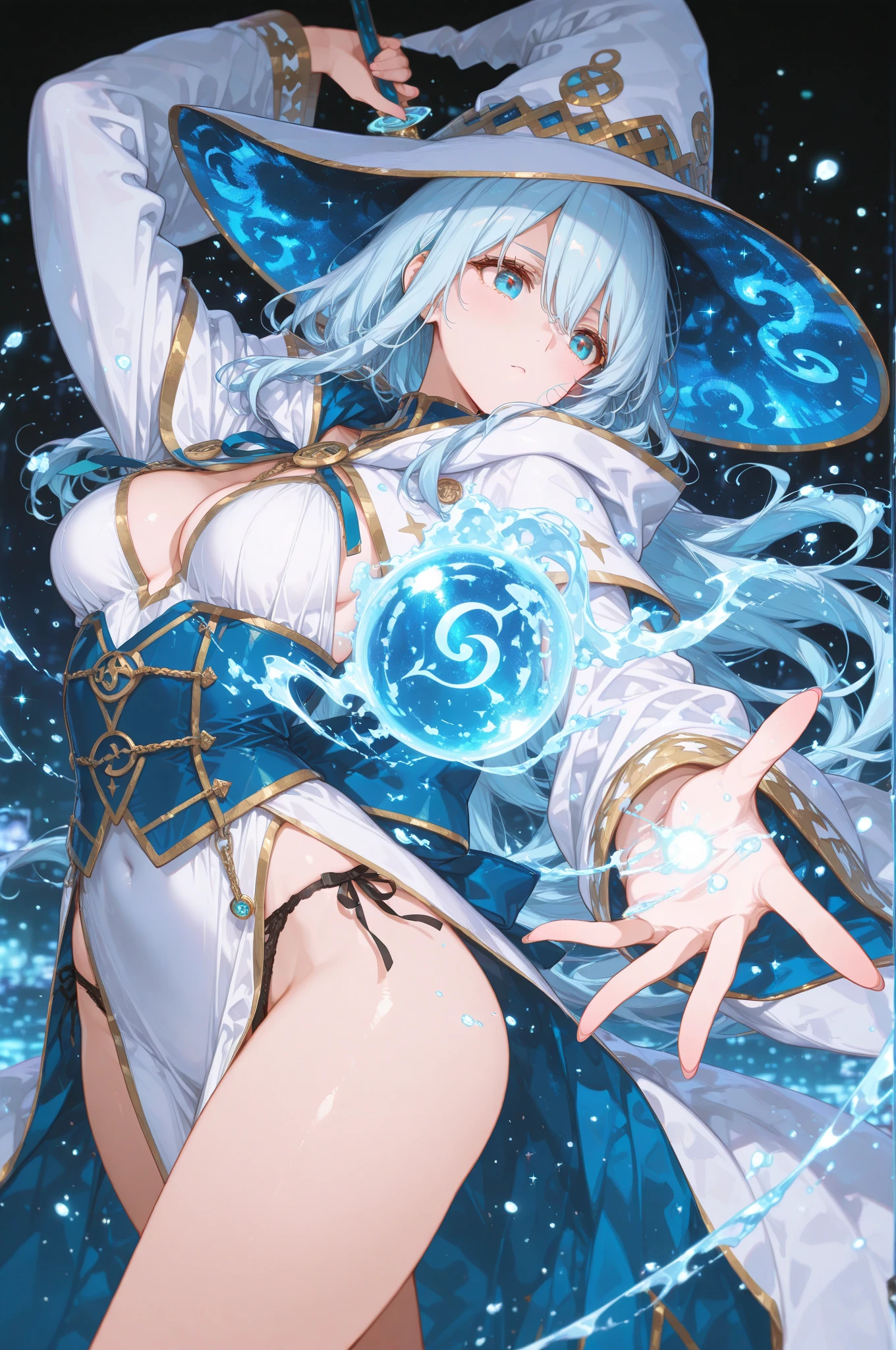 blue flame night. Darkness with impressive blue flames. A woman wearing a white wizard's robe. she has a beautiful face and bright blue eyes. Blue magical flames can be seen around her.. Detail view. bright colors. High resolution.magic wand、gray hair、blue eyes、blue gemstone necklace