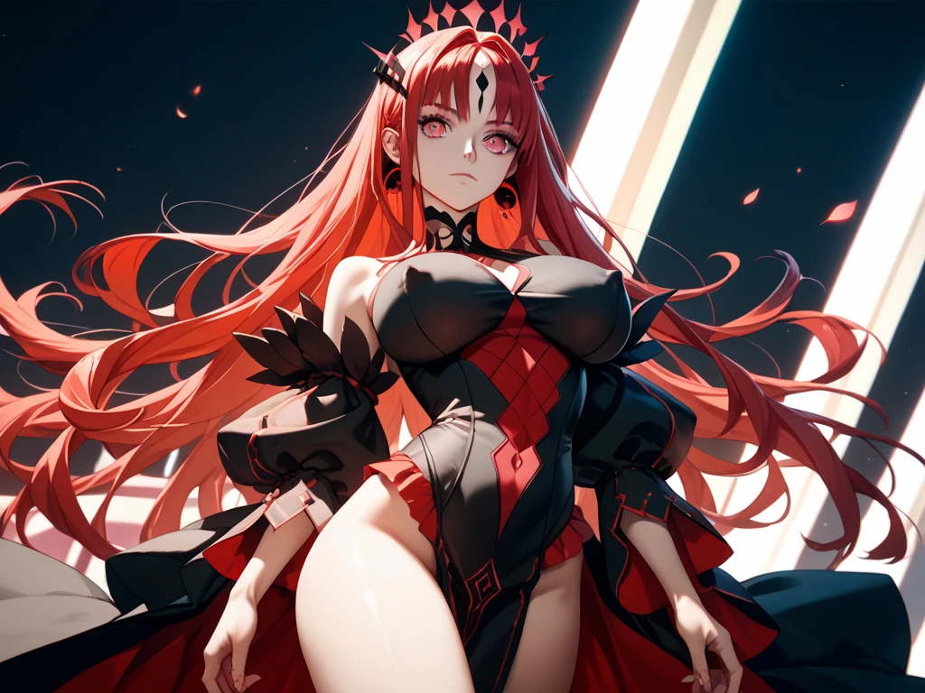 A remarkably beautiful mature woman, fluttering hair, red hair, large breasts, aqua eyes, long hair, eyeliner, illustrated by Hidenori Matsubara, fantasy city background, a subtle glow, everything is on fire, ((red and teal dress)), revealing clothes, serious, closed mouth, (((((1girl))))), fire, explosion, fantasy, inferno, large breasts, hands on hips, thigh boots, night