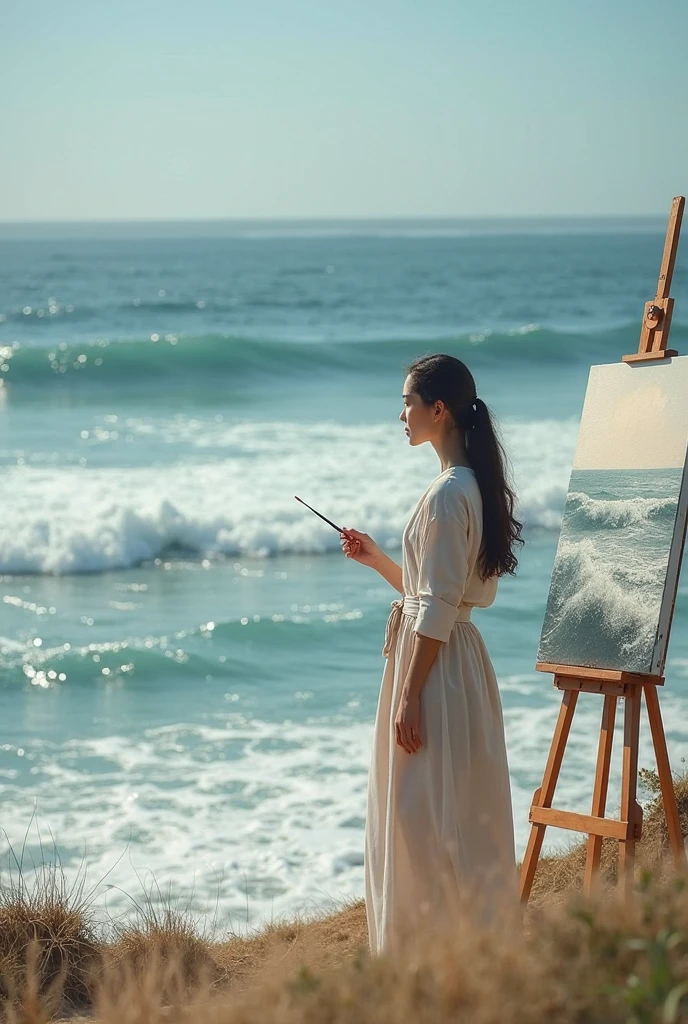 A woman wearing a dress, her back bare, holding a paintbrush, drawing a painting of the moon and a horse in the sea