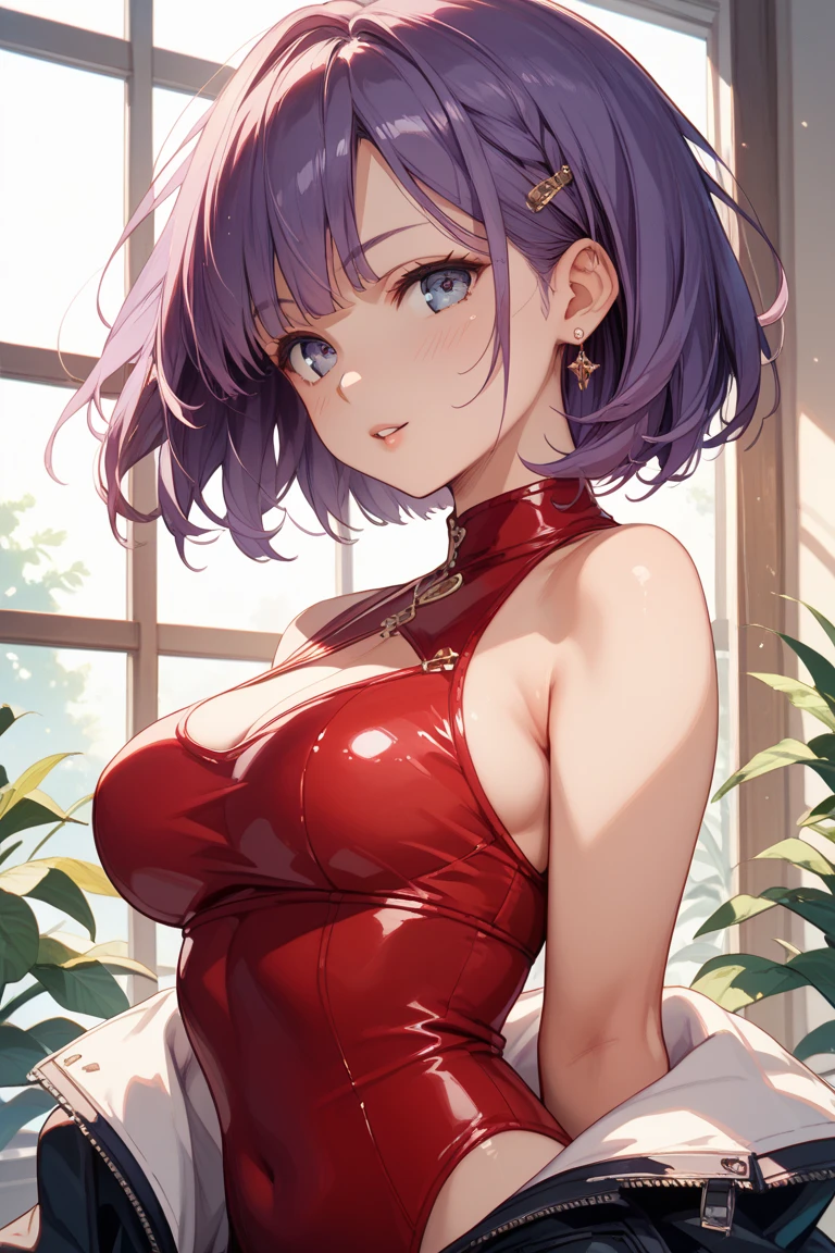 (masterpiece, absurdres, high-quality, best quality, ultra-detailed, beautiful), perfect eyes, perfect face, perfect lighting, textured skin, beautiful detailed face, (detailed face:1.4), beautiful detailed eyes, ambient light, realistic shadows, beautiful detailed pupils, cute, 1girl, solo, solo focus, portrait, beelzebub, short hair, white hair, demon girl, demon tail, freckles, red eyes, white horns, purple lipstick, lips, blush, adapted costume, bare shoulders, red choker, couch, indoors, home, earrings, large breasts, off-shoulder sweater, off shoulder, open-chest sweater, open mouth, shocked, red sweater, covered