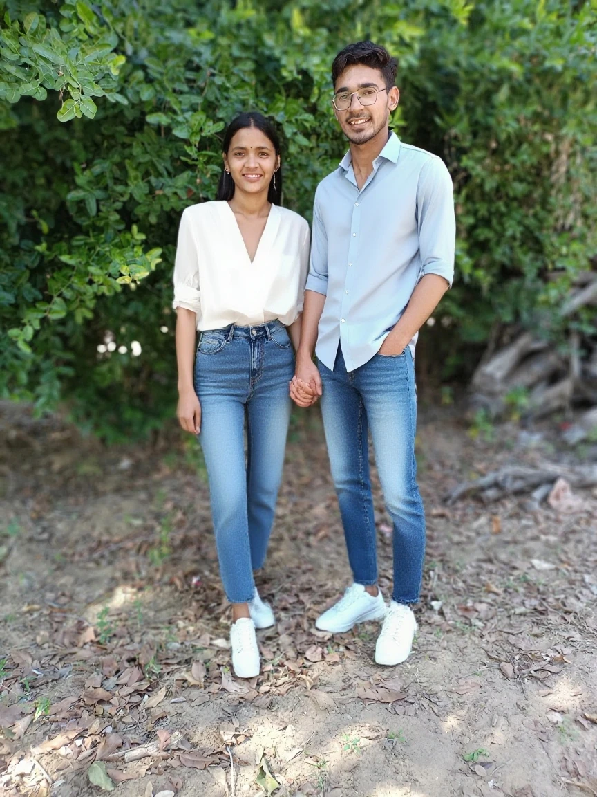 there is a man and woman posing for a picture in a garden , wedding photo, couples portrait