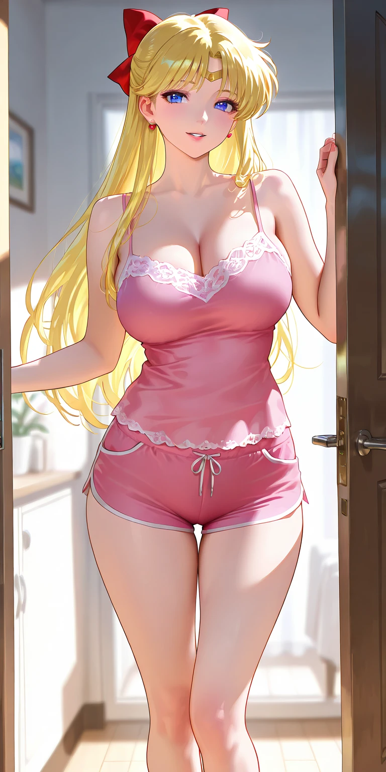 2D, masterpiece, best quality, tall(beautiful) woman, mature woman, long hair, blonde hair, straight hair, big anime breasts (huge, ripped), highly detailed face, highly detailed golden eyes, highly detailed background, perfect lighting, 1 strap, alone, full body, standing, wearing a white suit, women's suit without tie, suit half open showing pink lacy bra, with nothing but pink lacy panties, sitting on the bed, legs open .