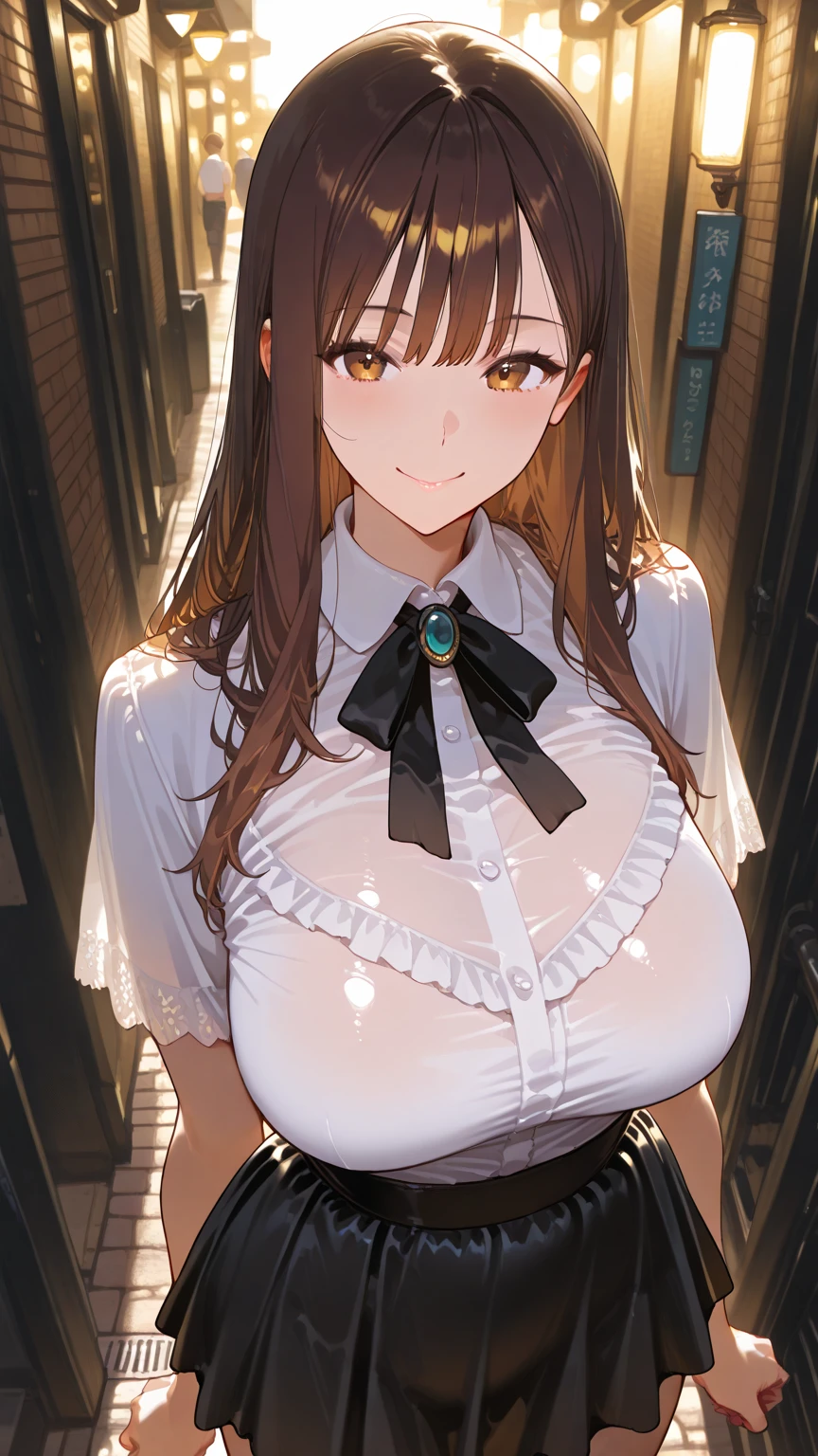 High resolution,masterpiece, Highest quality, Kuo Shenlin , heterochromia , Brown hair, smiling , (((nsfw))) , (((busty))),1girl, sensual body, Her cheeks flushed, transparent Blouse ,in the rain