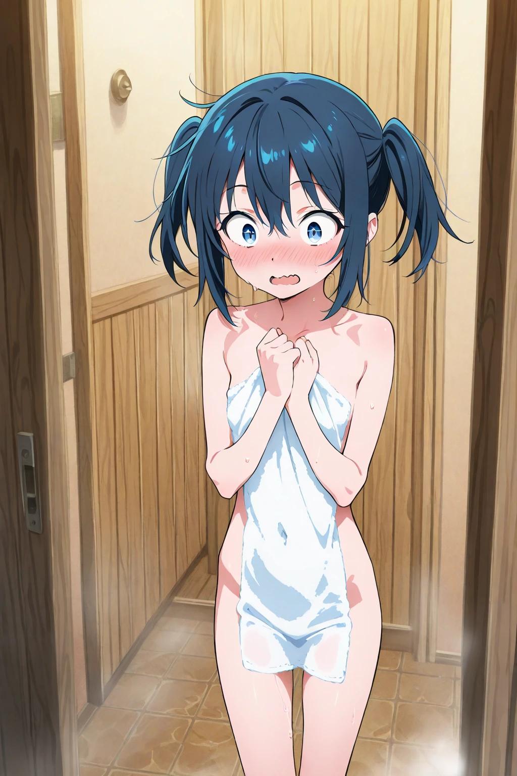 One Naked Girl、Walking around town、only one naked, Wide-open legs、Crouching、Knees up、With legs apart、Spreading her legs、Light blue hair、blue eyes、Standard Bust Size、Expressionless and dead eyes、Feeling embarrassed、Desperate look、Nipples、Wearing green panties、Pour condensed milk all over your body、condensed milk on the face、Condensed milk on your hair