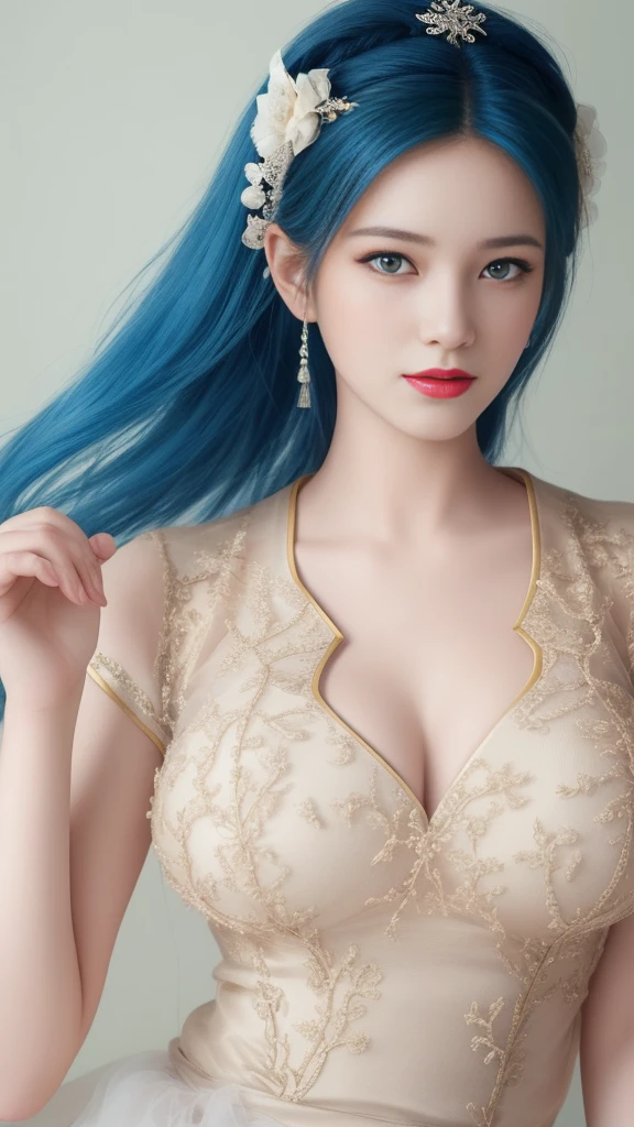 masterpiece, best quality, illustration, saxophone blue hair, Platinum earrings, Platinum necklace, white evening dress, 1 girl, charming, (Dynamic Lighting:1.2), Cinema Lighting, Exquisite facial features, Delicate blue eyes, wear glasses(Key Points),sharp pupils, Realistic students, Depth of Field, Bokeh, 锐利的Key Points, (Ultra Detailed, Bloom, glow:1.4), huge breasts, saggy breasts
