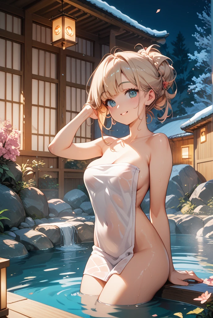 (​masterpiece:2.0), (top-quality:2.0), (leaning forward naked in the hot spring:1.5), (Super Sexy Pose:1.5), (from below looking up:1.5), (Perfect exposed shoulders:1.5), (Perfect exposed nape:1.5), (blushed face:1.5), (hide crotch with hands:1.5), (hiding chest with hands:1.5), (spilling boobs:1.5), (Realistic:1.5), 1 , a very pretty girl, Precise little hands, Embarrassed look to see me, light smile, Innocent face, Young Face, Clear eyes, Shining eyes, tiny chest, side boob is visible, shoulder is visible, cleavage of the breast is visible, No pubic hair, Dynamic Posing, Beautiful skins, ultra-definition, Top resolution, Japan High School Student, Golden hair