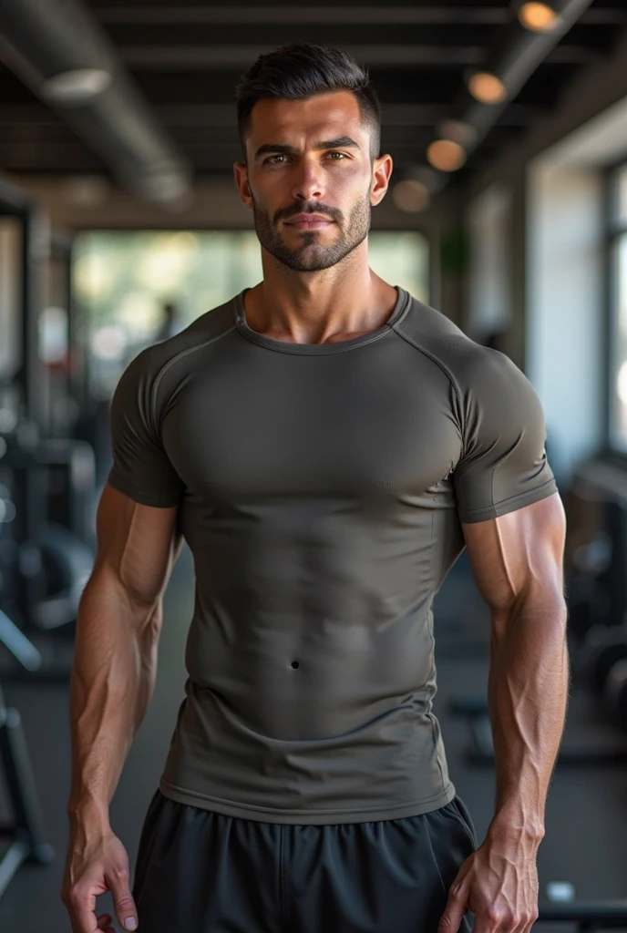 ((Masterpiece, Super Hi-Res, Highly Detailed, 8k)), ((Sexy Guy: 1.5)), Scandinavian, goatee, short hair, approx. 30, handsome, ((sportswear, personal trainer style attire, makes viewer smile, Exposed, sexy, : 1.2)), muscles, skinny, excited, gay erotic,. Sexy Raised, Full Length, Gym,