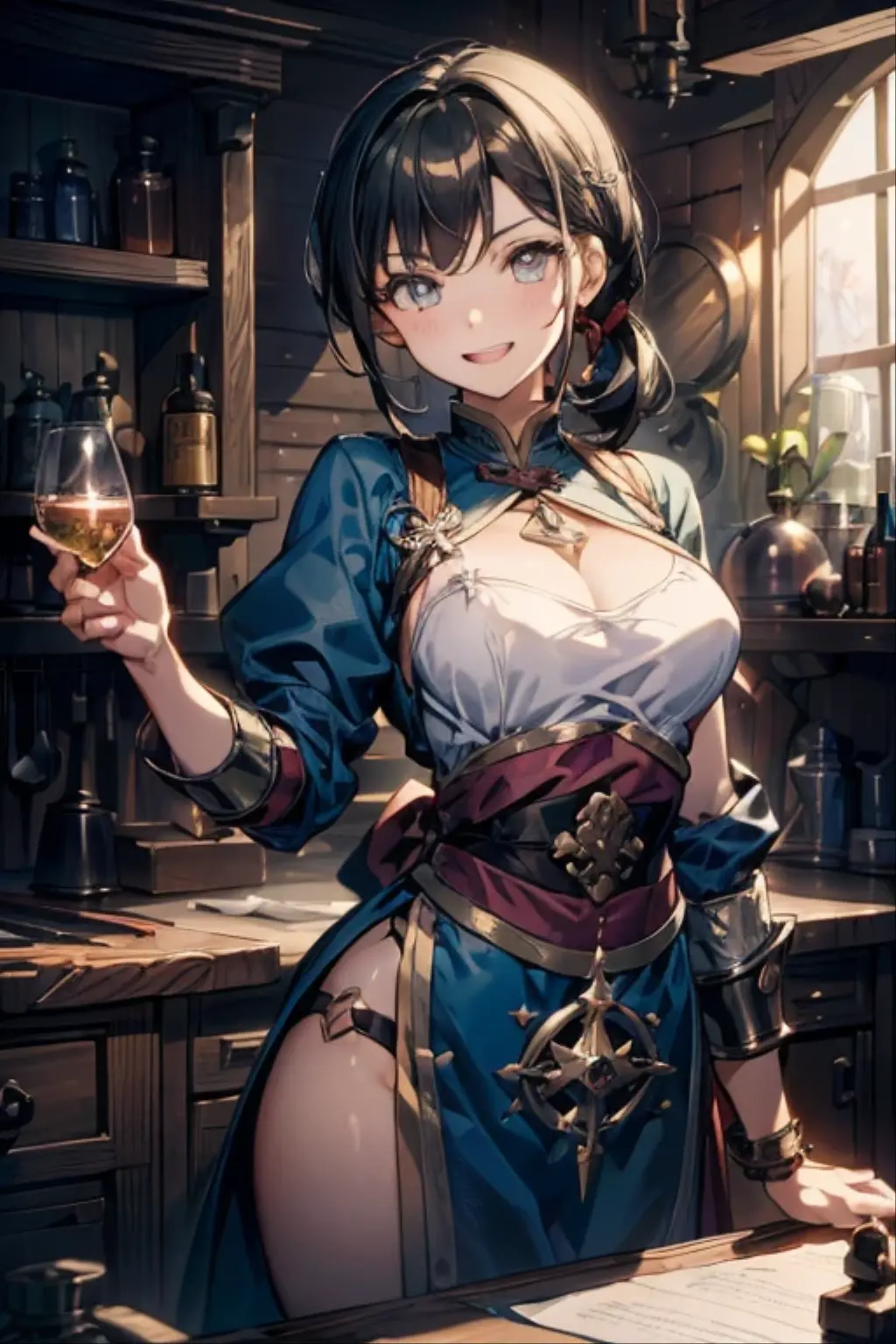 (fantasy:1.5),(anime,8k,masterpiece, top quality, best quality,beautiful and aesthetic:1.2,professional illustrasion:1.1,ultra detail:1.3,perfect lighting),extremely detailed,highest detailed,incredibly absurdres , highres, ultra detailed,intricate:1.6,(Alchemy Workshop:1.4),A girl mixing,Medicine in many small bottles,holding small potion,colorful:1.4,zentangle,(1girl),(girl),(Three kingdoms female warload),(highly detailed beautiful face and eyes,firm breasts),oily skin,((black,hair,short bob with short pony tail hair)),thin pubic hair,cute,lovely,34 years old,alchemist costume,Merchant's Clothing,smile,in the kitchen,smile,seductive weak smiling,(with sparkling eyes and a contagious smile),open mouth, Looking at Viewer,