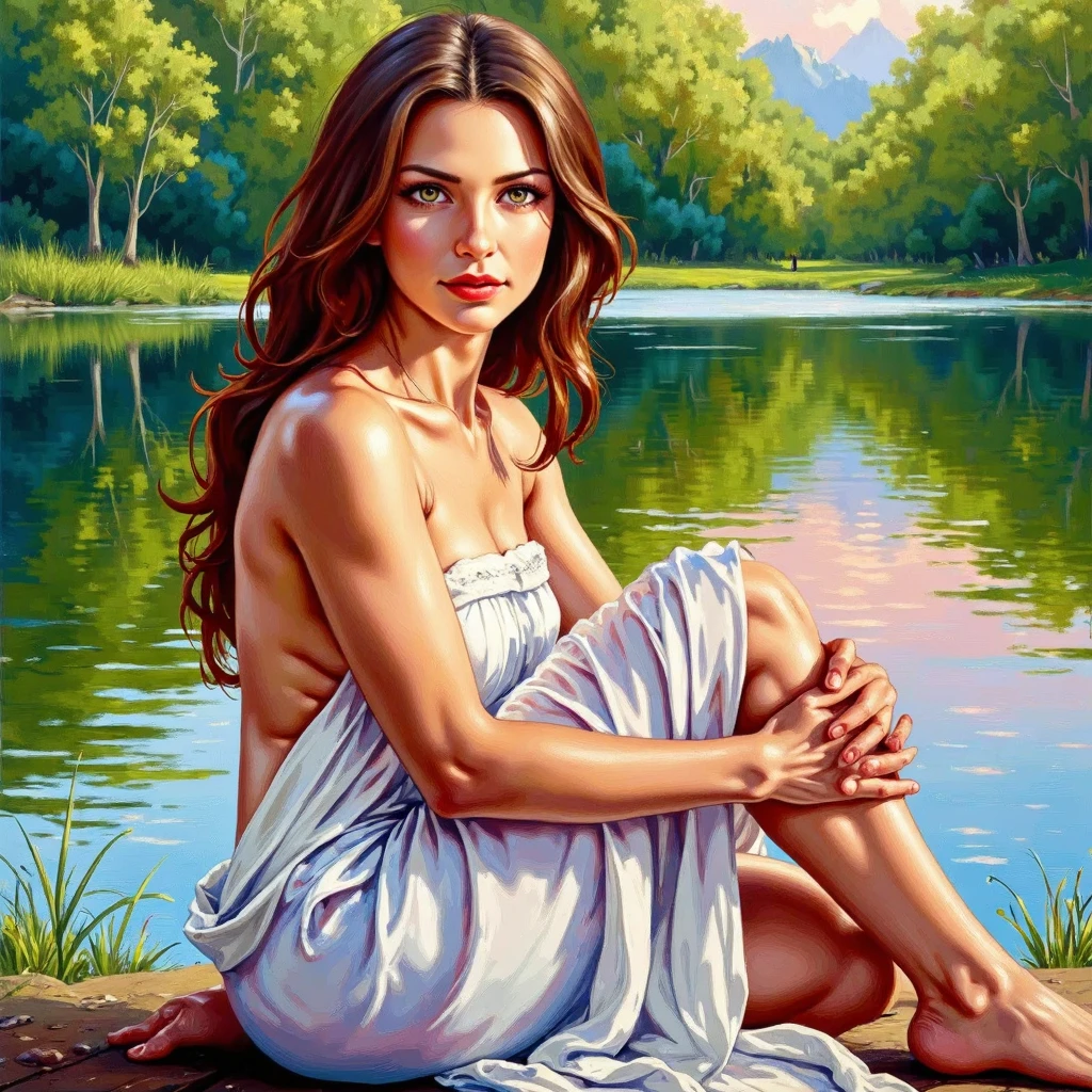 Beautiful girl, long flowing hair, wearing a bikini outfit, (((heavy bust))), sitting in a lake, hot sunshine, symmetrical eyes, symmetrical face, photorealistic, photography, path tracing, specular lighting, volumetric face light, path traced hair, visible shadows, shadow mapping, visible reflections, bright lush colours, concept art, highly detailed, illustration, bold colours, cinematic, masterpiece collection, volumetric lighting