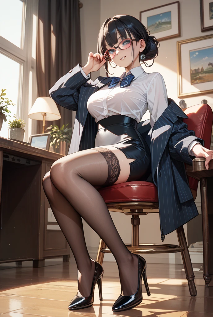 There is an elegant woman sitting in a chair holding a cup of milk tea, delicate and beautiful face, wearing a blue shirt, white suit, (black stockings, sexy), high heels, by the Seine, very slim legs, beautiful face, crossed legs, thigh shot, bust photo