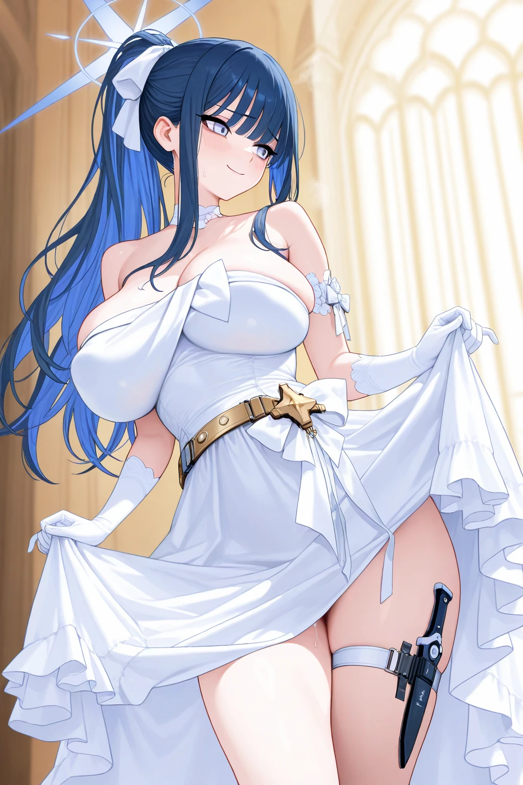 1 girl, Aqua Konosuba, looks at the viewer smiles, sexy pose, (maid costume, черные stockings, black gloves, Black corset, white panties, stockings) , big breasts, middle thighs