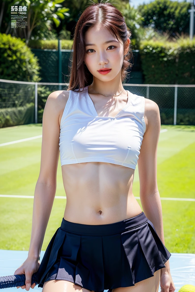 8K quality、High resolution、Realistic skin texture、High resolutionの瞳、woman、Sleeveless tennis wear、Miniskirt with no panties、Princess Hair、thin、Bare crotch、リアルなwoman性器、Small and young breasts、Neat cleavage、Blonde、thin脚、Sweating profusely、Sweat accumulates in the chest、Taking a daring bath in the park fountain、Well-groomed navel、slouch、Touching the groin、Ecstatic expression