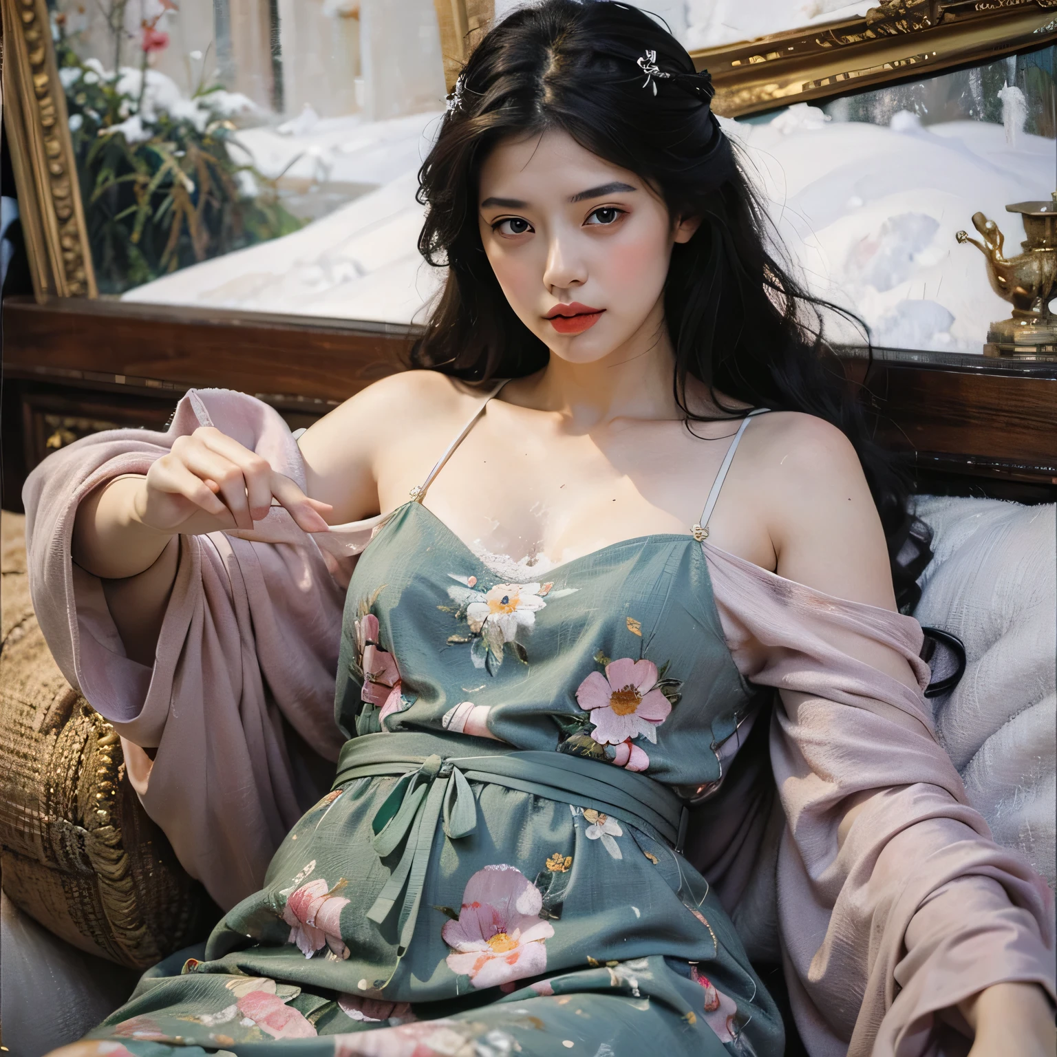 summer4, Nikon RAW photo, Big breasts, cleavage, 8k, Fujifilm XT3, masterpiece,  realistic, photorealistic, (lying in bed), (sheets), (lying on pillow), (giggle: 1.1), best quality, (detailed facial features), (eyelashes: 1.1), (depth of field: 1.1), (chromatic aberration: 1.1), (caustics: 1.1), goddess