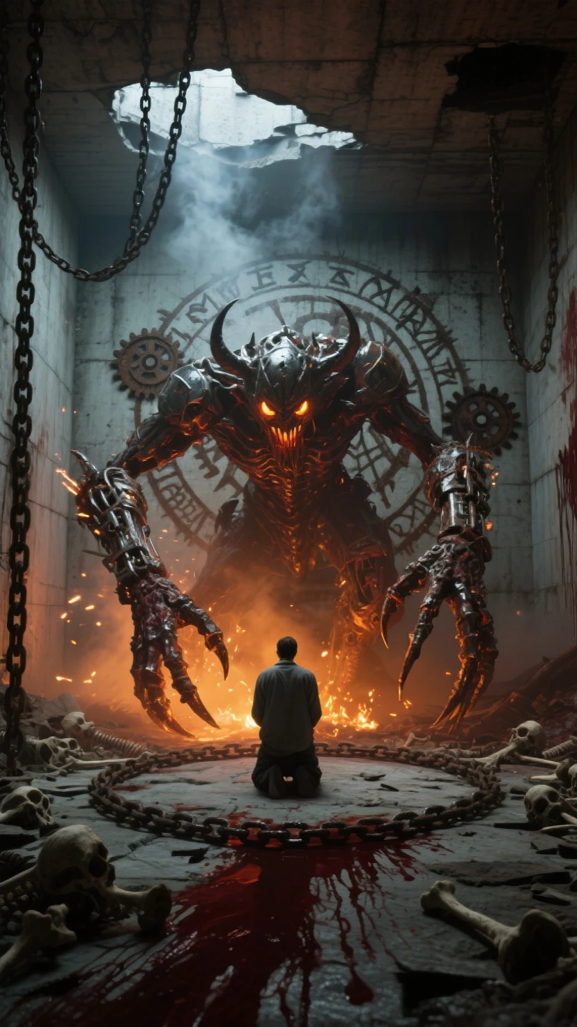 The huge steel explosion-proof door was torn open by the huge monster, night, blood moon, shock, fire