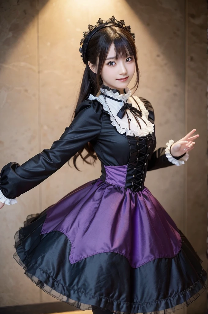 (masterpiece, best quality), 1girl, frederica bernkastel, purple eyes, purple hair, long hair, purple bow, dress, frills, white kneehighs,  kneehighs bow, mary janes, amazingly beautiful girl, 32k RAW photography, professional photoshoot, ultra detailed,