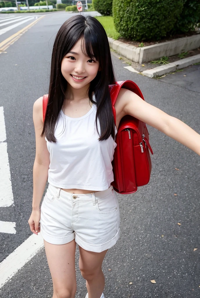 (8k),(masterpiece),(Japanese),(8-year-old girl),((Innocent look)),((Childish)),from the front,smile,cute,Innocent,Kind eyes,Plain T-shirt,Short sleeve,(Carrying a red backpack),(lifting shirt), flat chest, Straight Hair,Hair blowing in the wind,(lifting skirt), (no panty),(pussy),(peeing),Black Hair,Somewhat strong wind,noon,bright