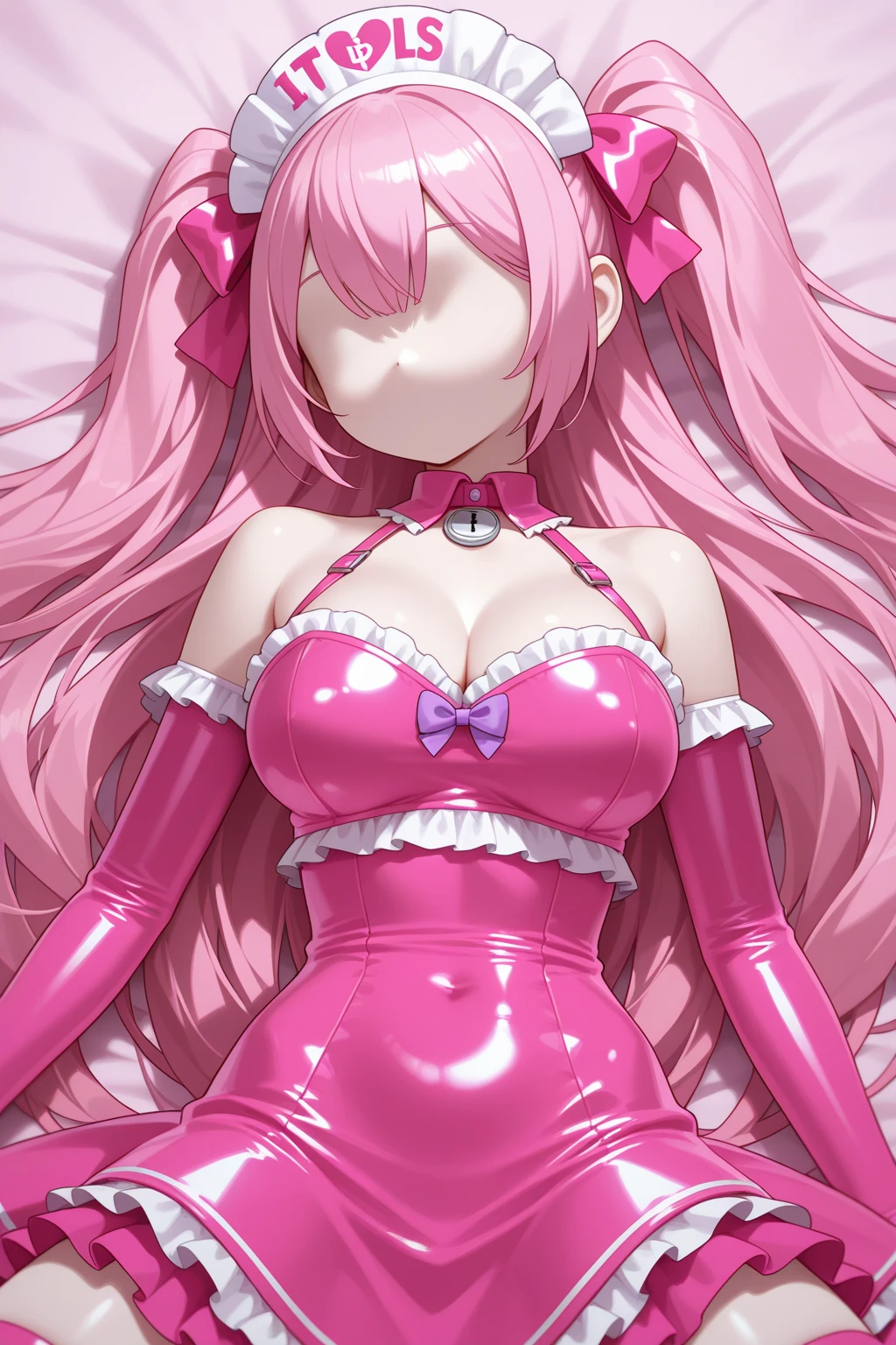 Erotic　Tall busty adult married woman, female executive in shiny pink rubber suit, red heart on black background, bedroom, dark theme, evil, temptation, excitement, condescending smile, sexy pose, upper body emphasis, lying on man, angle from below, bat wings, succubus, hands on chest