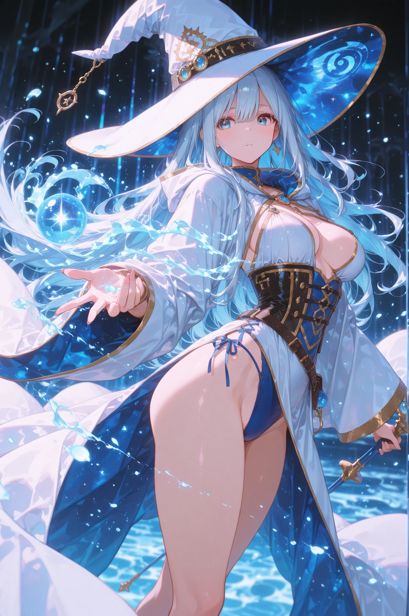 white mage, blue hair, sexy revealing outfit
