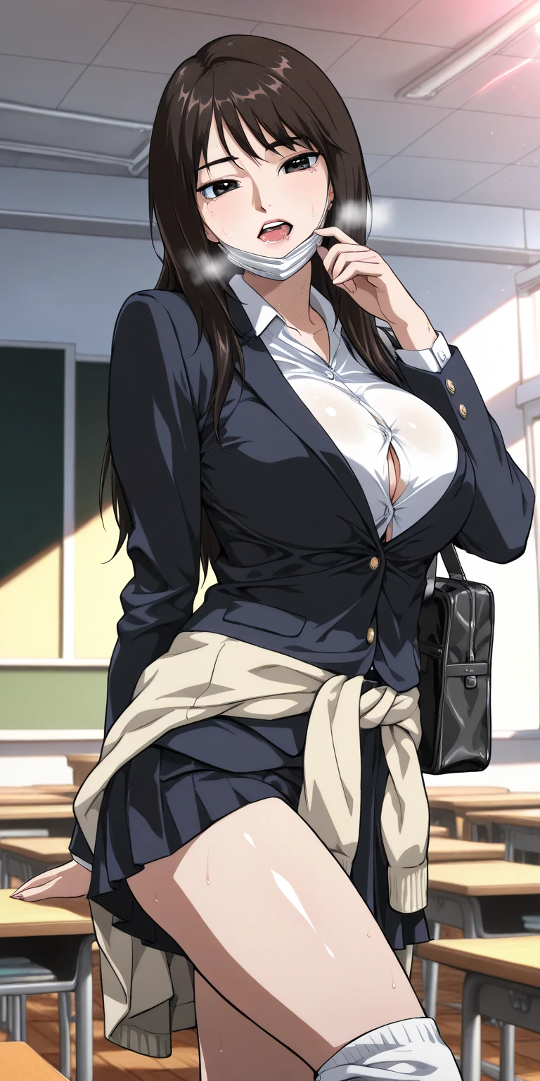 saechabashira, Chabashira Sae, Long Hair, (black髪:1.5), hair ornaments, (Brown eyes:1.3), ponytail, Hair Clip,
break shirt, Cleavage, clavicle, Jacket, White shirt, formal, suit,
break indoors, classroom,
break looking at viewer, (Cowboy Shot:1.5),
break (masterpiece:1.2), highest quality, High resolution, unity 8k wallpaper, (figure:0.8), (Beautiful fine details:1.6), Highly detailed face, Perfect lighting, Highly detailed CG, (Perfect hands, Perfect Anatomy), (Large Breasts:1.5), blush, (Wide pelvis:1.5), (Thick thighs:1.5), (black_Turn over_Pencil Skirt:1.5), (Lift up the skirt:1.5), (Pantyhose and panties in full view:1.5), (From below:1.5)