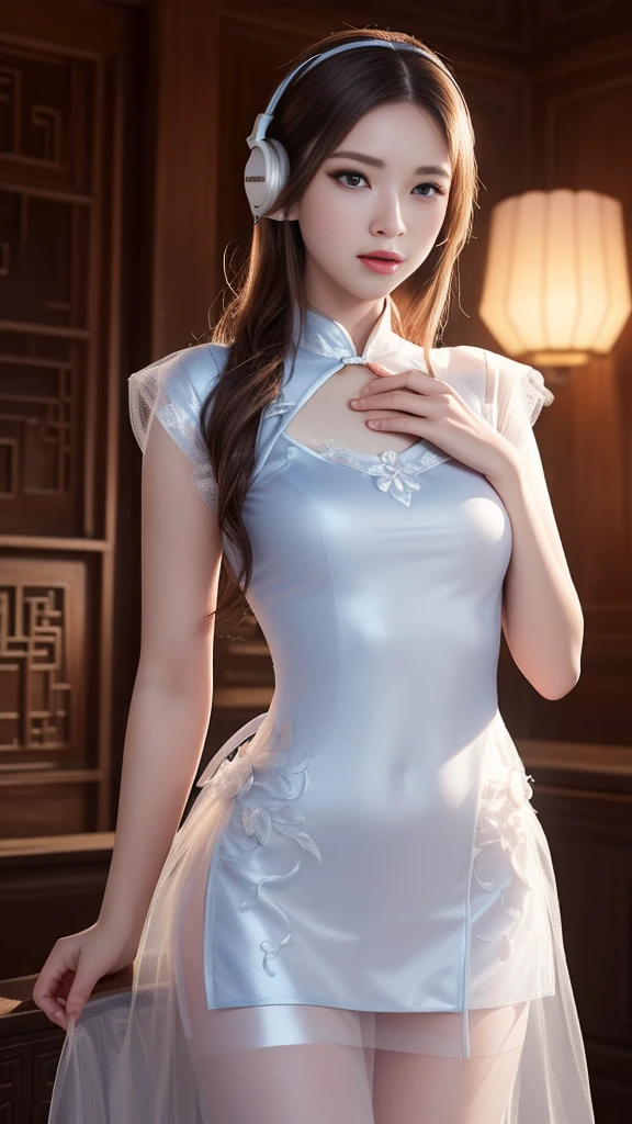 (((masterpiece))), (((best quality))), (((half body photo))), ((from below)), closeup, solo, 1girl, smile, twintails, ribbon, (((high neck))), (((white see through complex pattern chiffon floral qipao))), (((big tits))), (((petite figure proportion))), (((balcony))), (((night lights))),